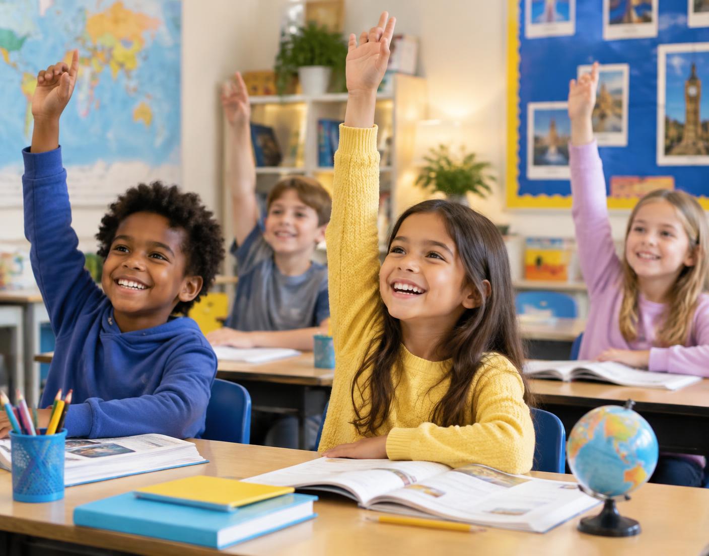 Crianças levantando a mão durante a aula de inglês com livros e globo terrestre
