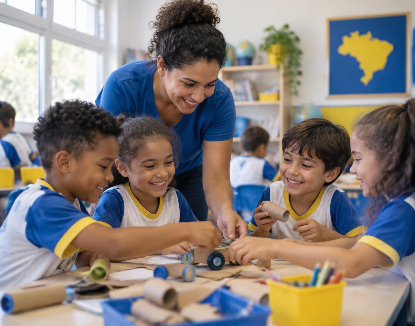 Crianças e professora em atividade prática com materiais recicláveis em sala de aula